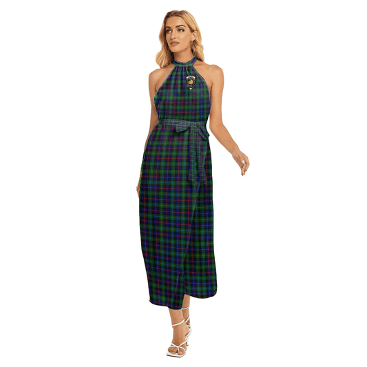 Campbell of Cawdor Modern Tartan Crest Wrap Hem Belted Halter Dress