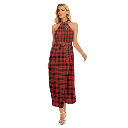 MacQueen Modern Tartan Crest Wrap Hem Belted Halter Dress