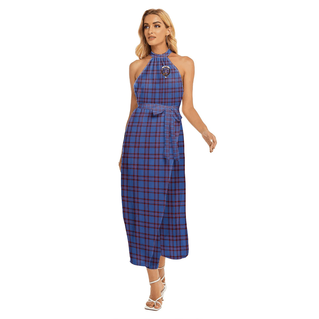 Elliot Modern Tartan Crest Wrap Hem Belted Halter Dress