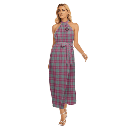 Crawford Ancient Tartan Crest Wrap Hem Belted Halter Dress