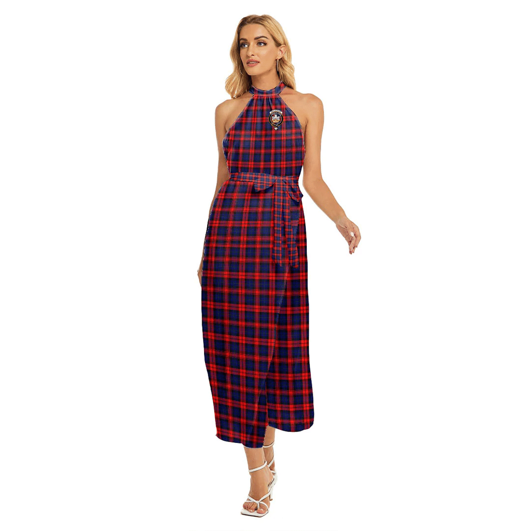 MacLachlan Modern Tartan Crest Wrap Hem Belted Halter Dress