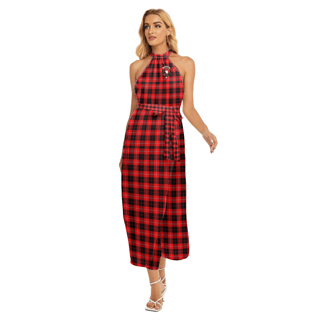 Cunningham Modern Tartan Crest Wrap Hem Belted Halter Dress