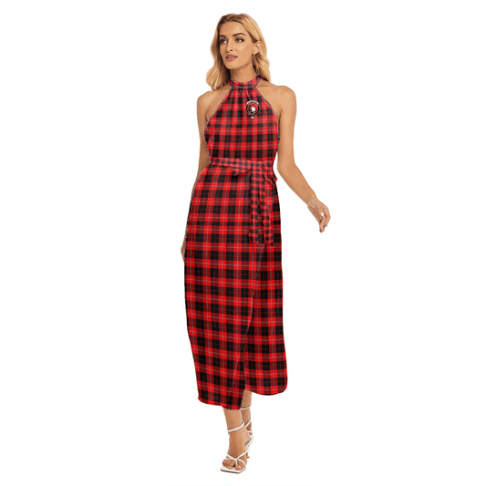 Cunningham Modern Tartan Crest Wrap Hem Belted Halter Dress