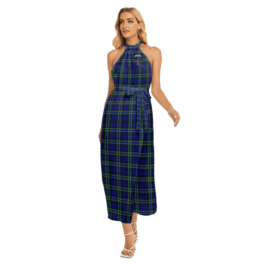 Arbuthnot Modern Tartan Crest Wrap Hem Belted Halter Dress