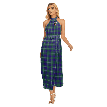 Hamilton Hunting Modern Tartan Crest Wrap Hem Belted Halter Dress