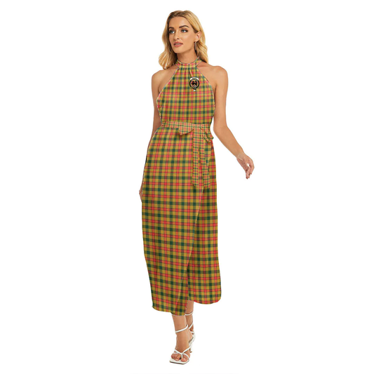 Baxter Tartan Crest Wrap Hem Belted Halter Dress