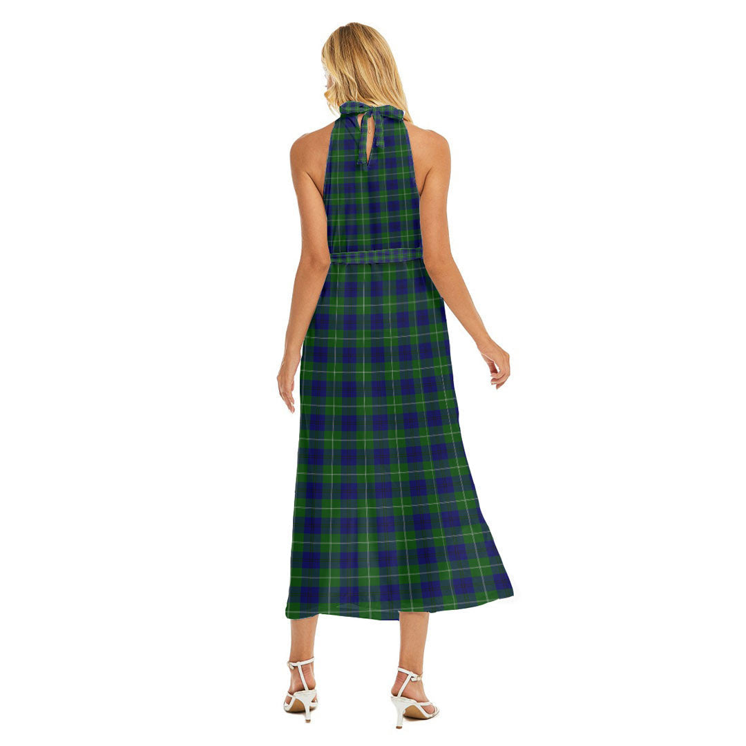 Oliphant Modern Tartan Crest Wrap Hem Belted Halter Dress