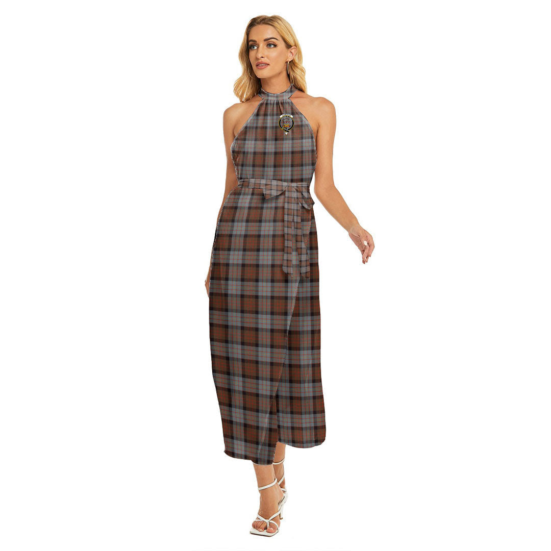 Cameron of Erracht Weathered Tartan Crest Wrap Hem Belted Halter Dress