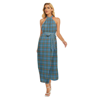 Agnew Ancient Tartan Plaid Wrap Hem Belted Halter Dress