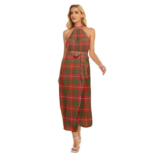 Bruce Modern Tartan Plaid Wrap Hem Belted Halter Dress