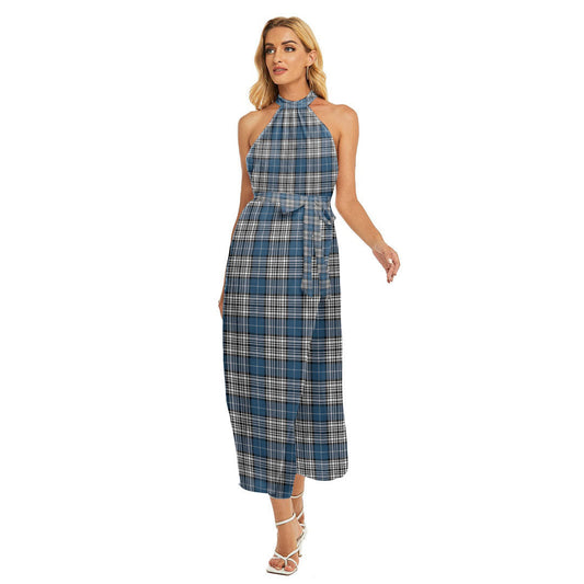 Napier Modern Tartan Plaid Wrap Hem Belted Halter Dress