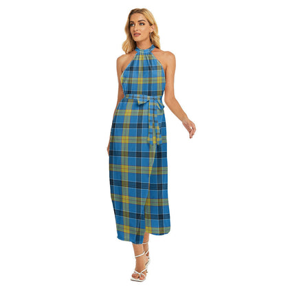 Laing Tartan Plaid Wrap Hem Belted Halter Dress