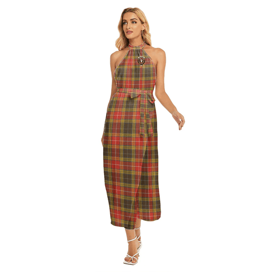 Buchanan Old Set Weathered Tartan Crest Wrap Hem Belted Halter Dress