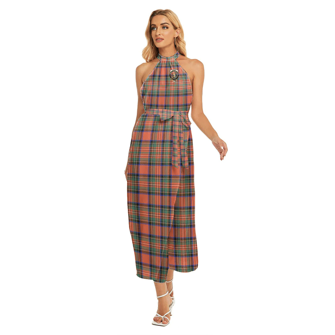 Stewart Royal Ancient Tartan Crest Wrap Hem Belted Halter Dress