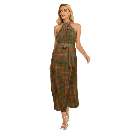 Seton Hunting Modern Tartan Crest Wrap Hem Belted Halter Dress