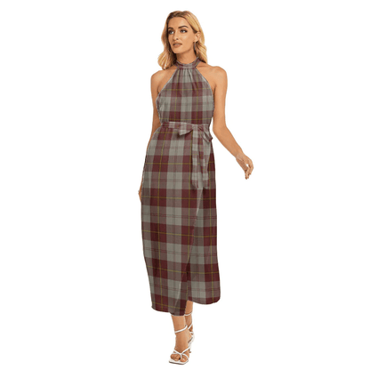 Cunningham Burgundy Dancers Tartan Plaid Wrap Hem Belted Halter Dress