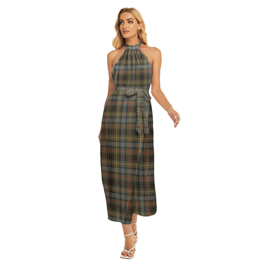 Stewart Hunting Weathered Tartan Plaid Wrap Hem Belted Halter Dress