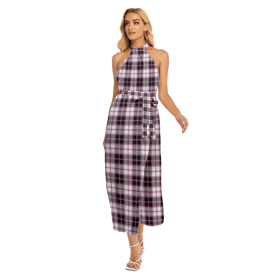 MacPherson Hunting Modern Tartan Plaid Wrap Hem Belted Halter Dress