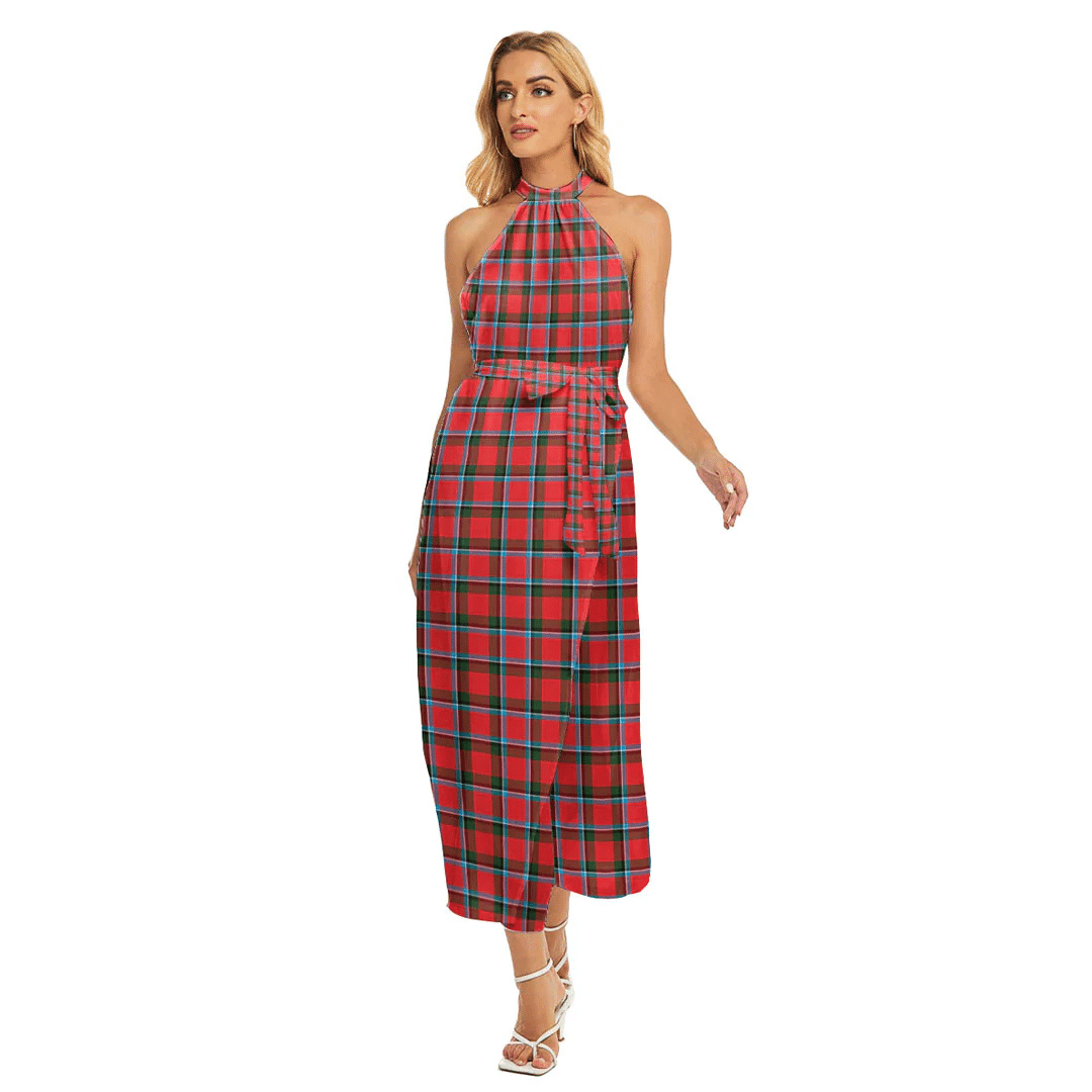 Sinclair Modern Tartan Plaid Wrap Hem Belted Halter Dress