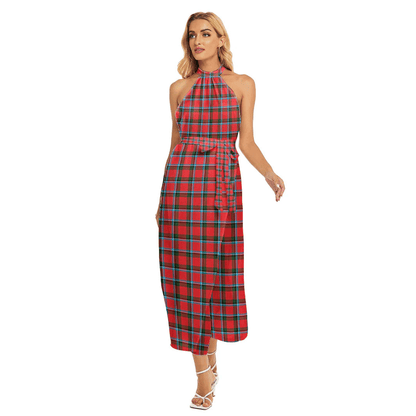 Sinclair Modern Tartan Plaid Wrap Hem Belted Halter Dress