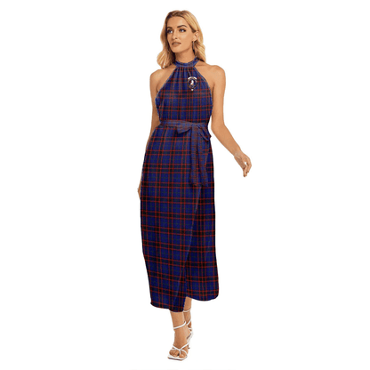 Home Modern Tartan Crest Wrap Hem Belted Halter Dress