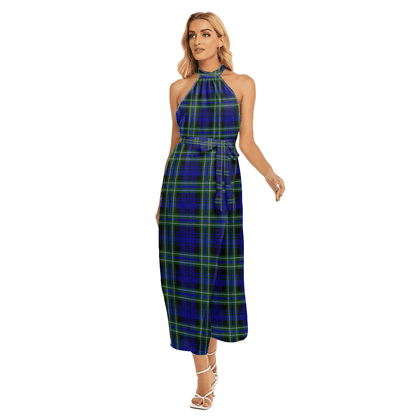 Arbuthnot Modern Tartan Plaid Wrap Hem Belted Halter Dress