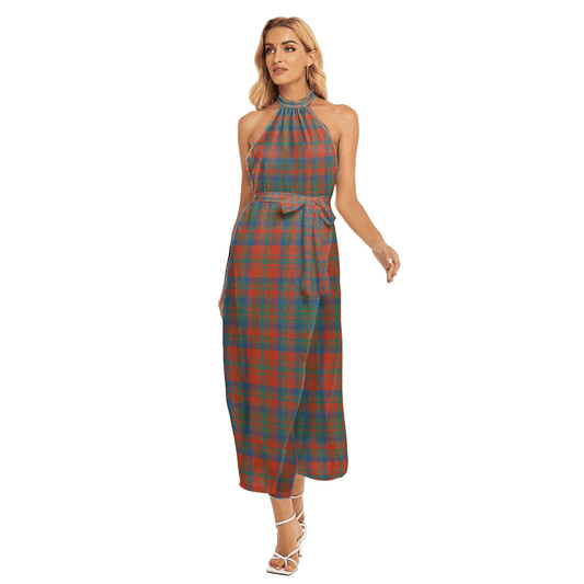 Matheson Ancient Tartan Plaid Wrap Hem Belted Halter Dress