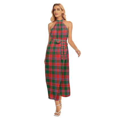 Dalziel Modern Tartan Plaid Wrap Hem Belted Halter Dress