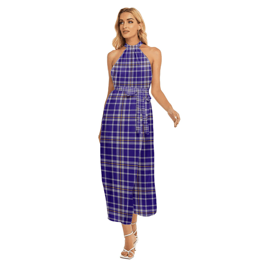 Ochterlony Tartan Plaid Wrap Hem Belted Halter Dress