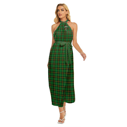 Wallace Hunting Green Tartan Crest Wrap Hem Belted Halter Dress