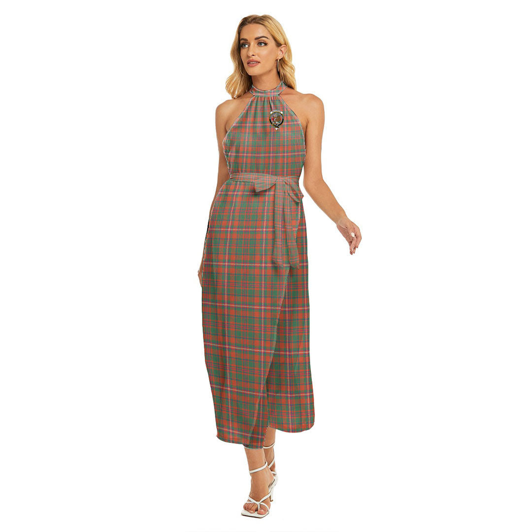 MacKinnon Ancient Tartan Crest Wrap Hem Belted Halter Dress