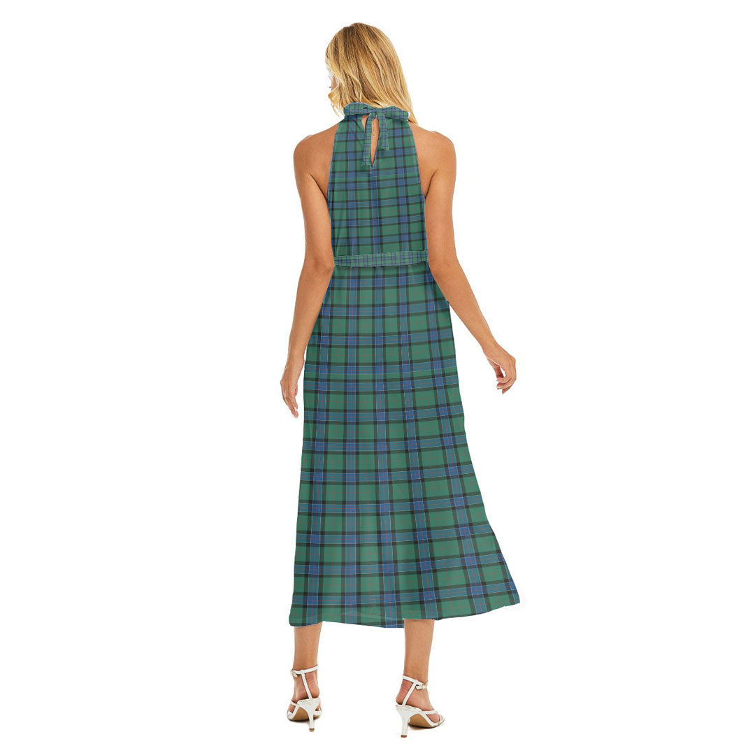 Sinclair Hunting Ancient Tartan Crest Wrap Hem Belted Halter Dress