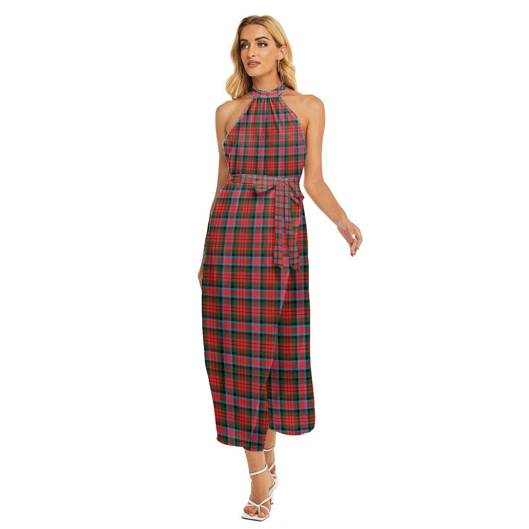 MacDuff Modern Tartan Plaid Wrap Hem Belted Halter Dress