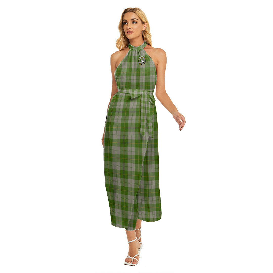 Cunningham Dress Green Dancers Tartan Crest Wrap Hem Belted Halter Dress