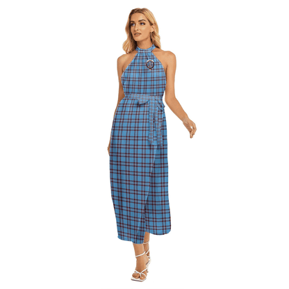 Elliot Ancient Tartan Crest Wrap Hem Belted Halter Dress