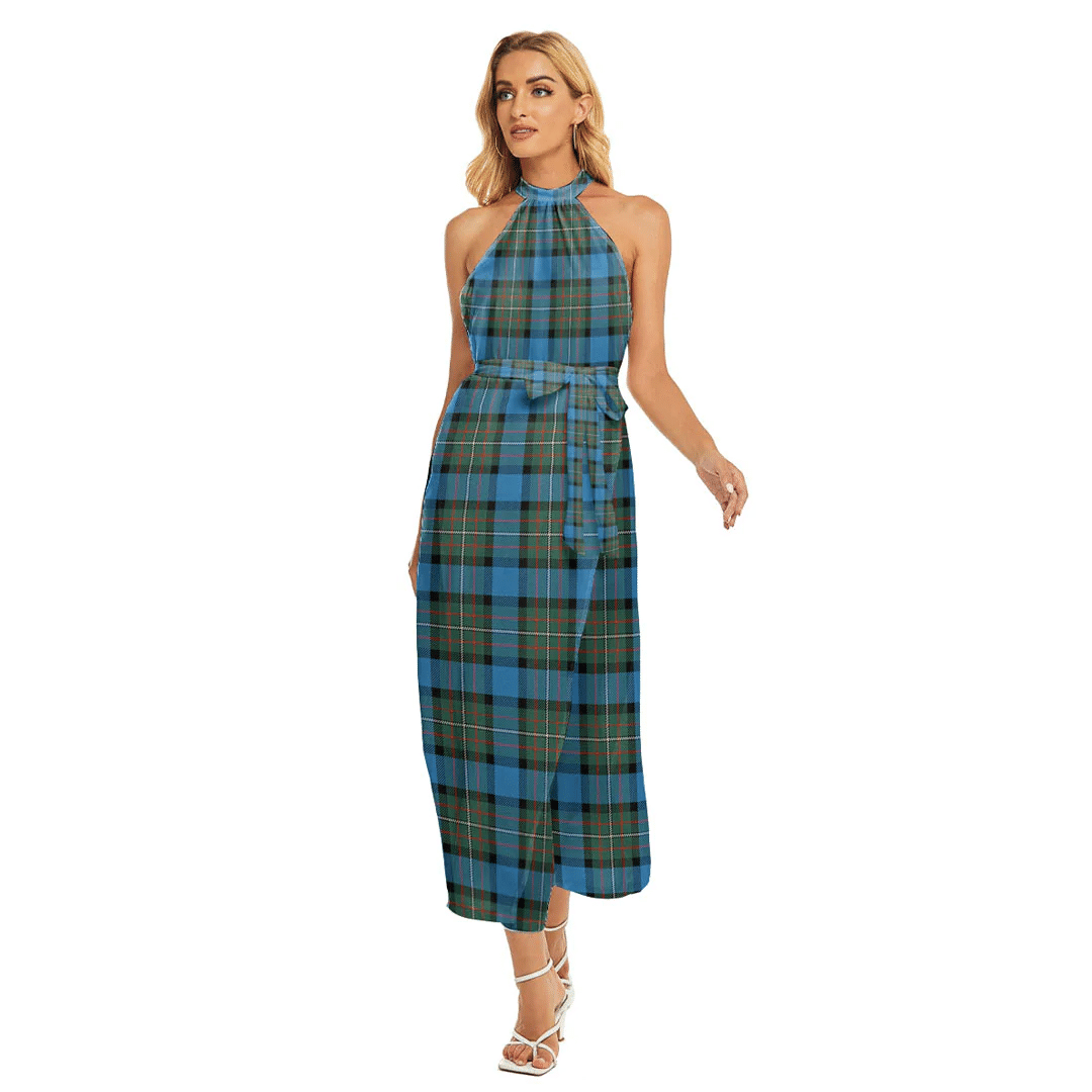 Fergusson Ancient Tartan Plaid Wrap Hem Belted Halter Dress