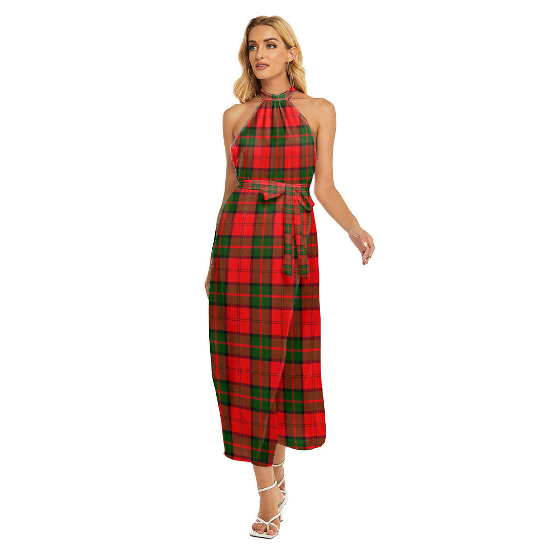 Dunbar Modern Tartan Plaid Wrap Hem Belted Halter Dress