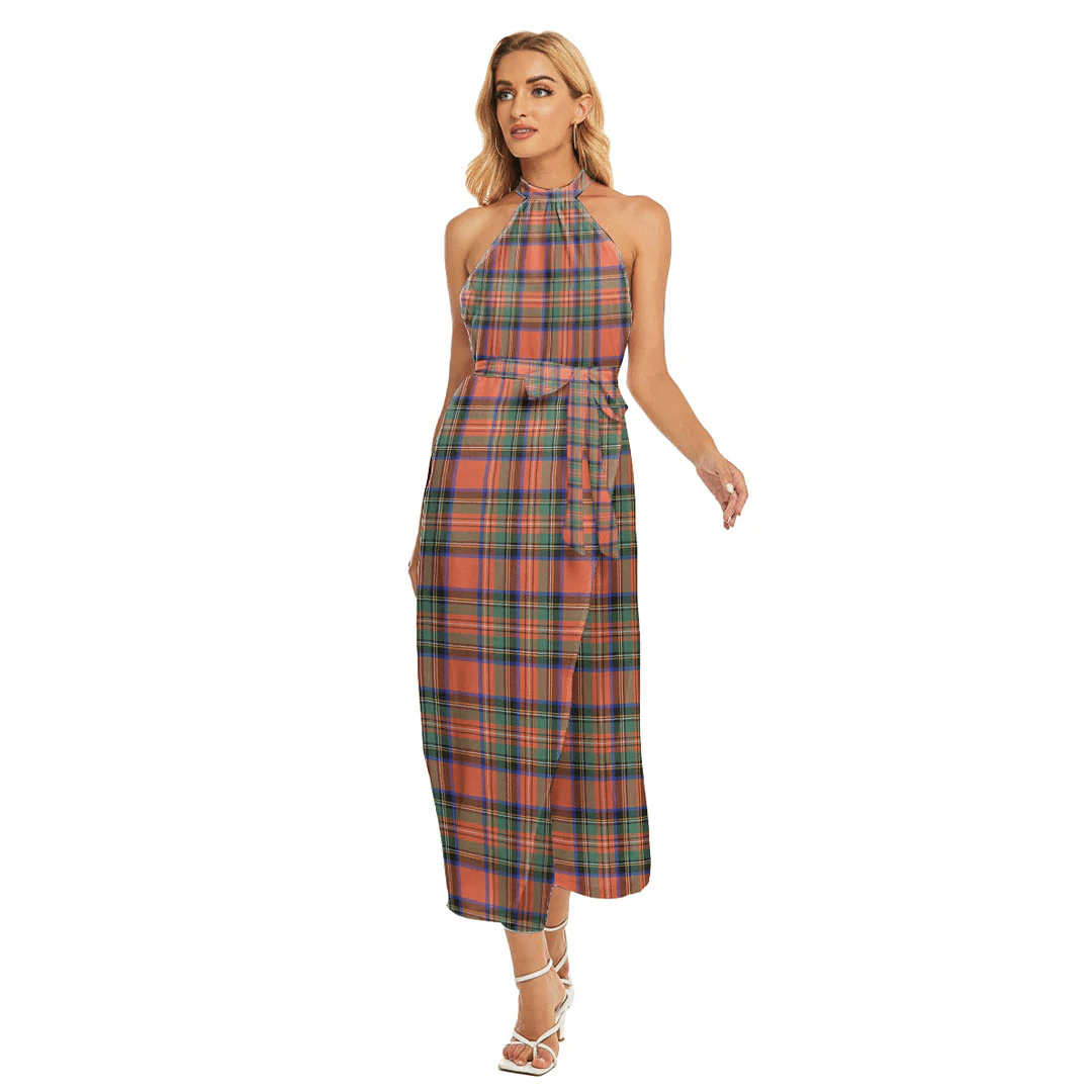 Stewart Royal Ancient Tartan Plaid Wrap Hem Belted Halter Dress