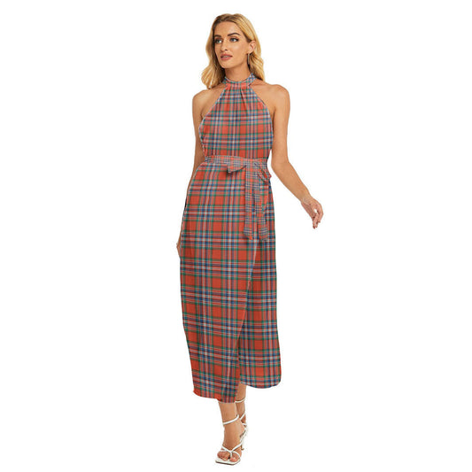 MacFarlane Ancient Tartan Plaid Wrap Hem Belted Halter Dress