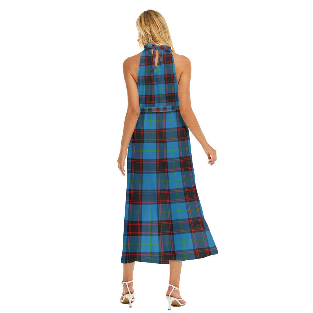 Home Ancient Tartan Plaid Wrap Hem Belted Halter Dress