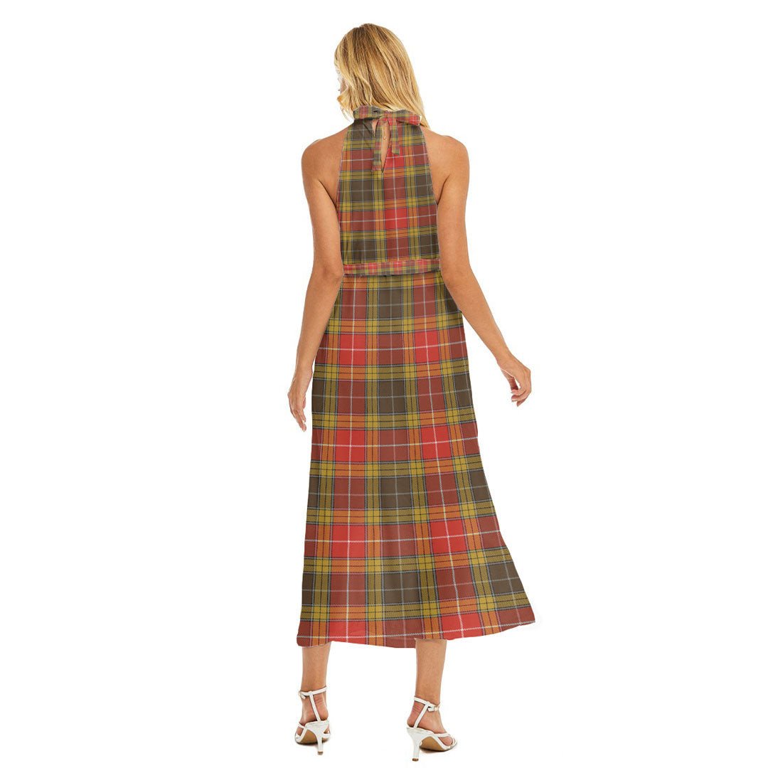 Buchanan Old Set Weathered Tartan Plaid Wrap Hem Belted Halter Dress