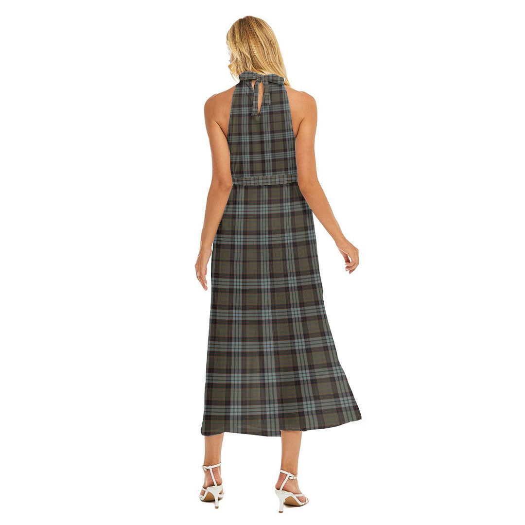 Stewart Old Weathered Tartan Crest Wrap Hem Belted Halter Dress