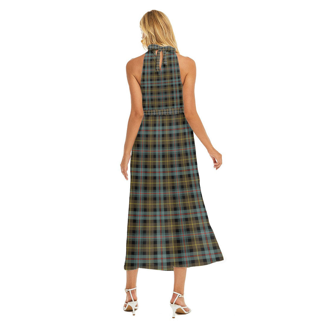 Farquharson Weathered Tartan Plaid Wrap Hem Belted Halter Dress