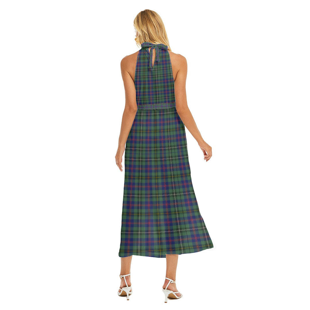 Wood Modern Tartan Crest Wrap Hem Belted Halter Dress