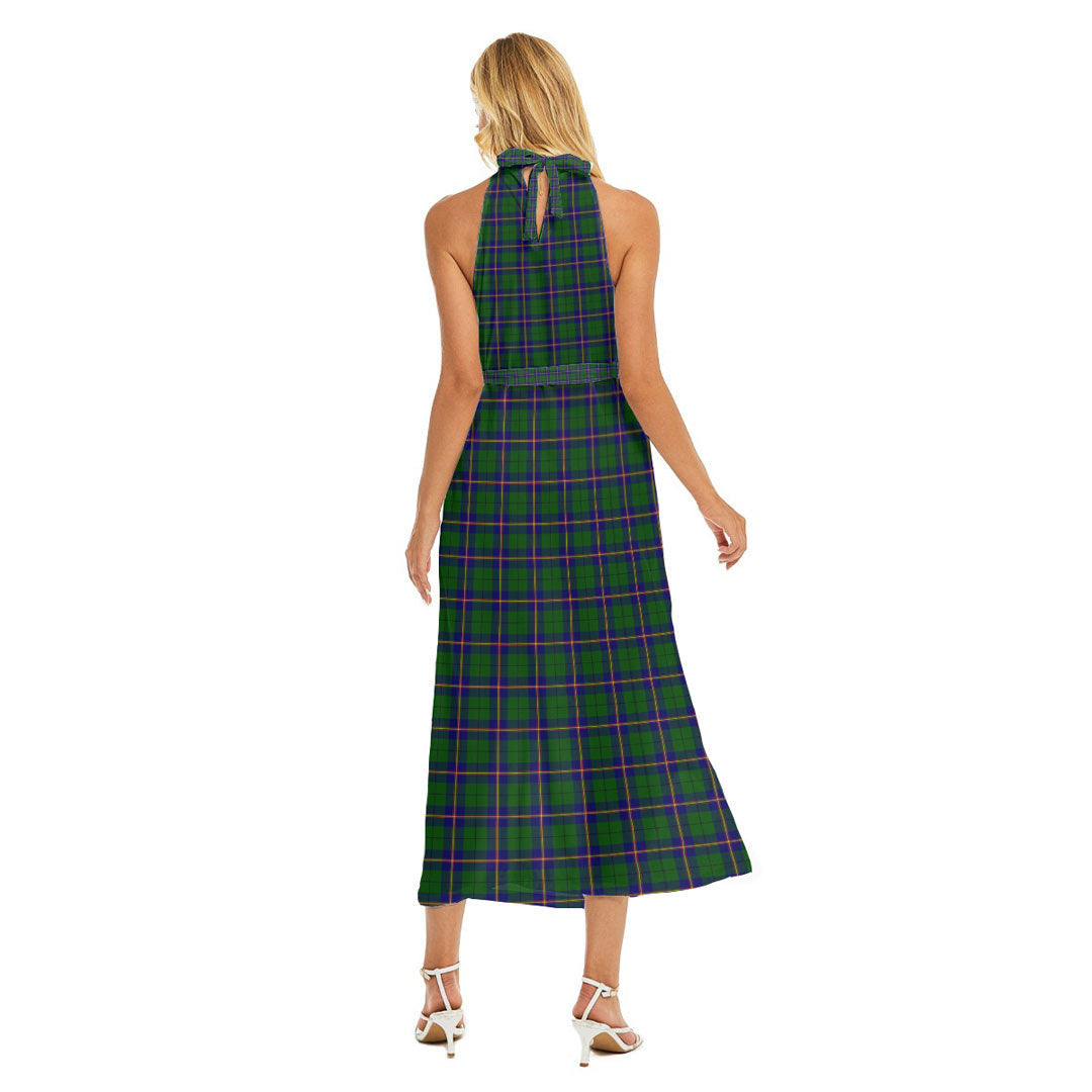 Carmichael Modern Tartan Crest Wrap Hem Belted Halter Dress