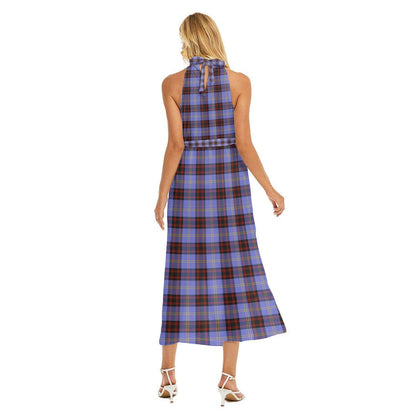 Rutherford Tartan Crest Wrap Hem Belted Halter Dress