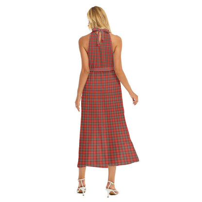 Fraser Weathered Tartan Crest Wrap Hem Belted Halter Dress