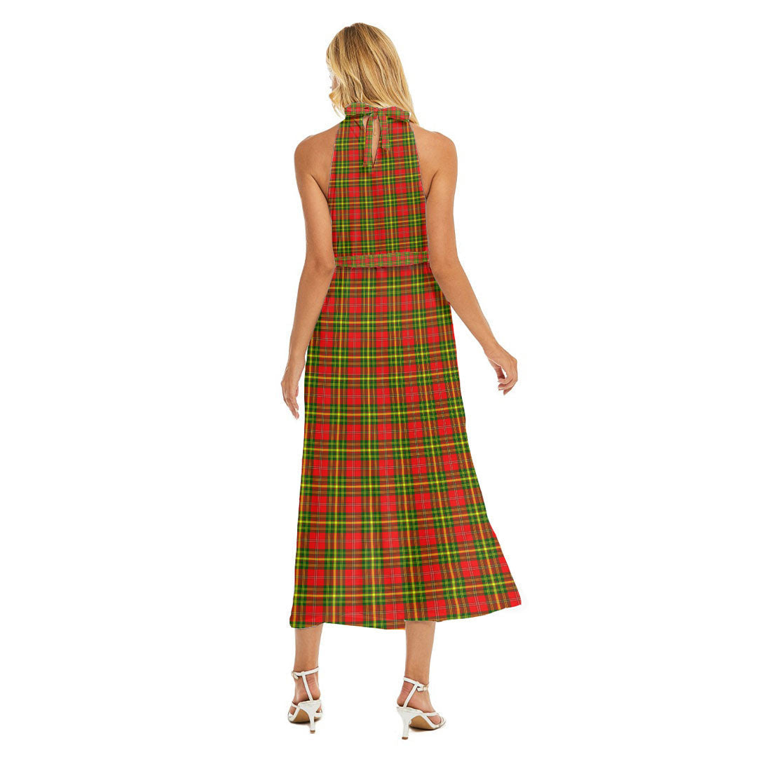 Leask Tartan Crest Wrap Hem Belted Halter Dress