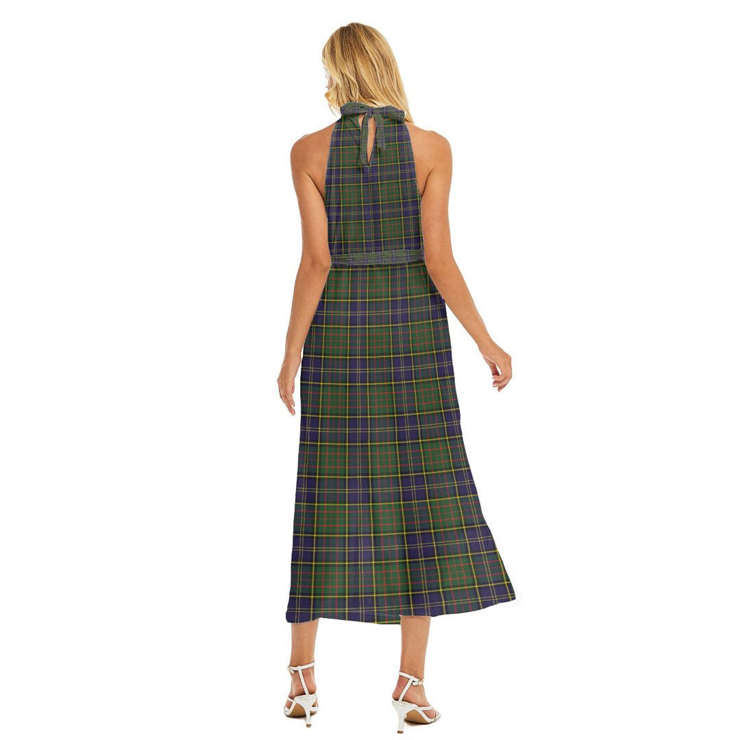 MacMillan Hunting Modern Tartan Plaid Wrap Hem Belted Halter Dress