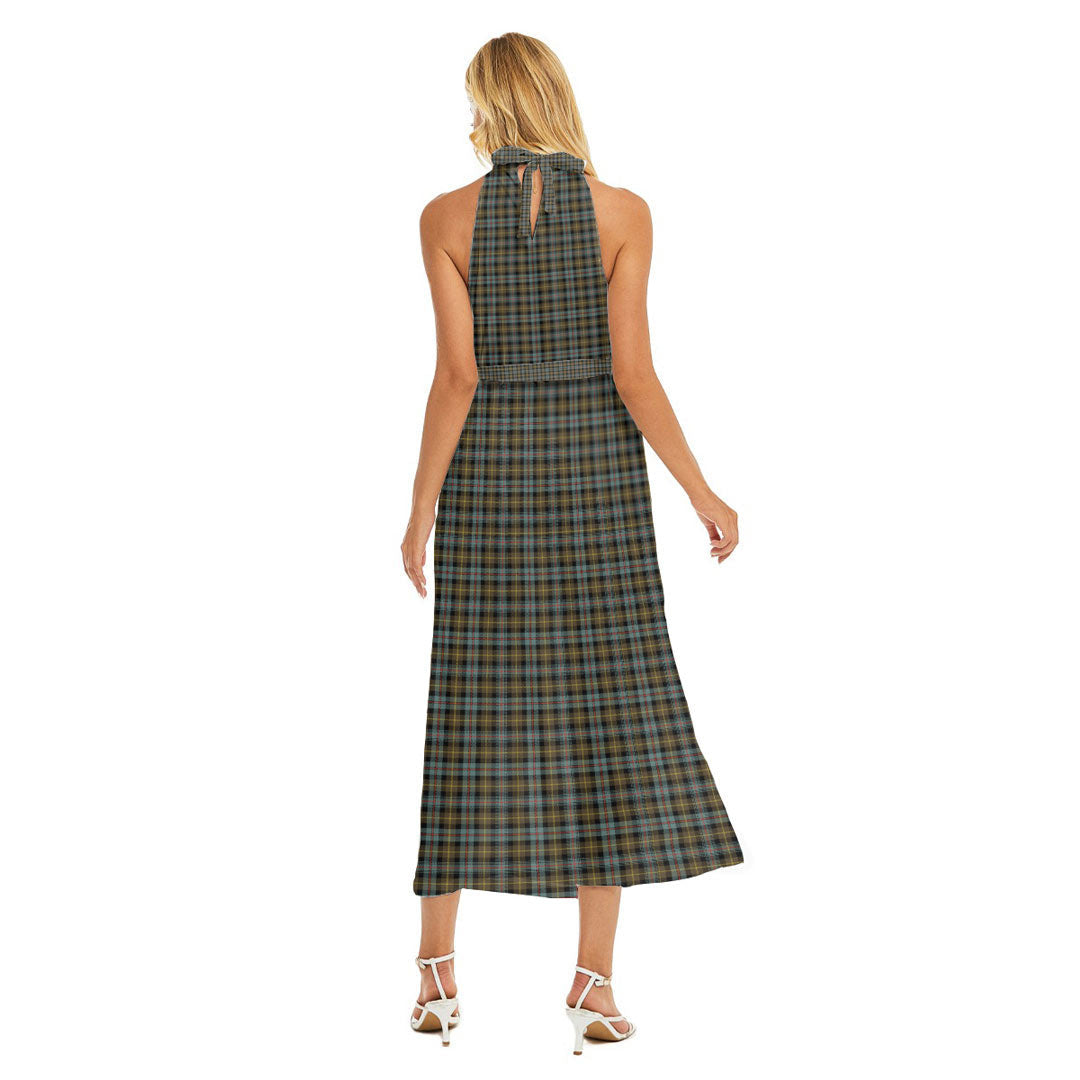 Farquharson Weathered Tartan Crest Wrap Hem Belted Halter Dress